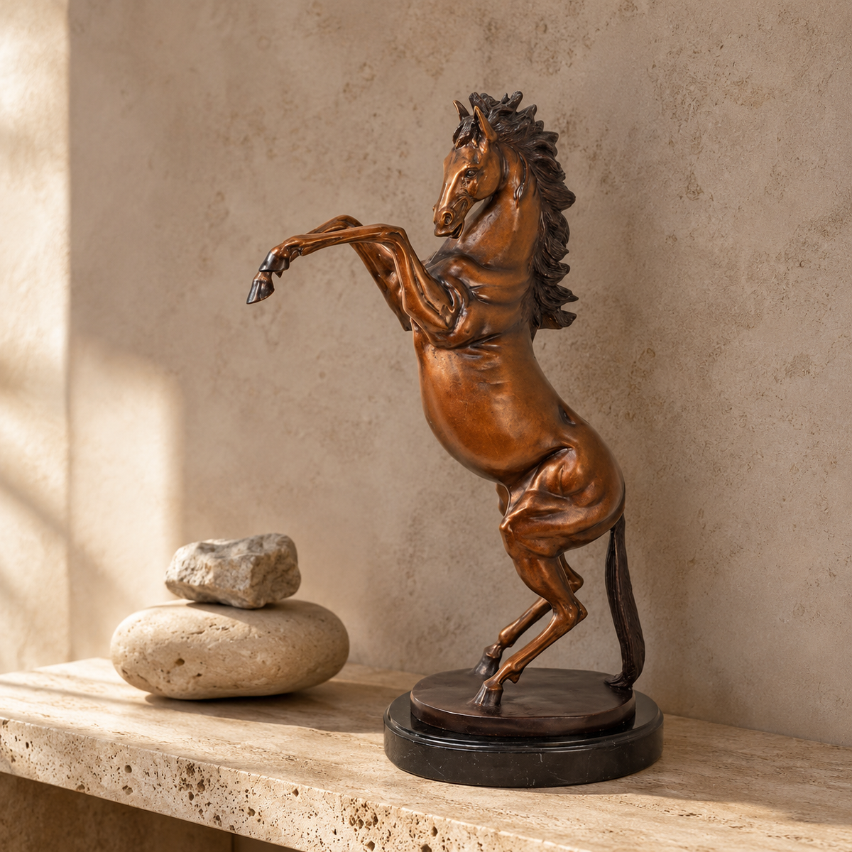 Sculpture bronze cheval cabré patine brune sur socle marbre