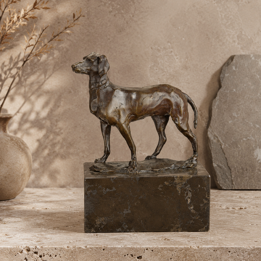 Sculpture bronze chien de chasse sur socle marbre veiné