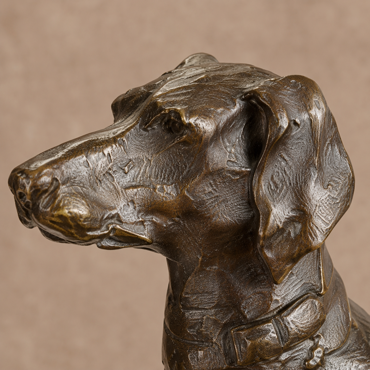 Sculpture bronze chien de chasse sur socle marbre veiné, vue 2