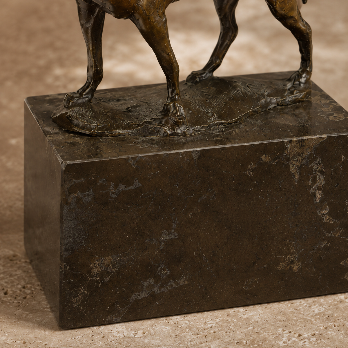 Sculpture bronze chien de chasse sur socle marbre veiné, vue 7