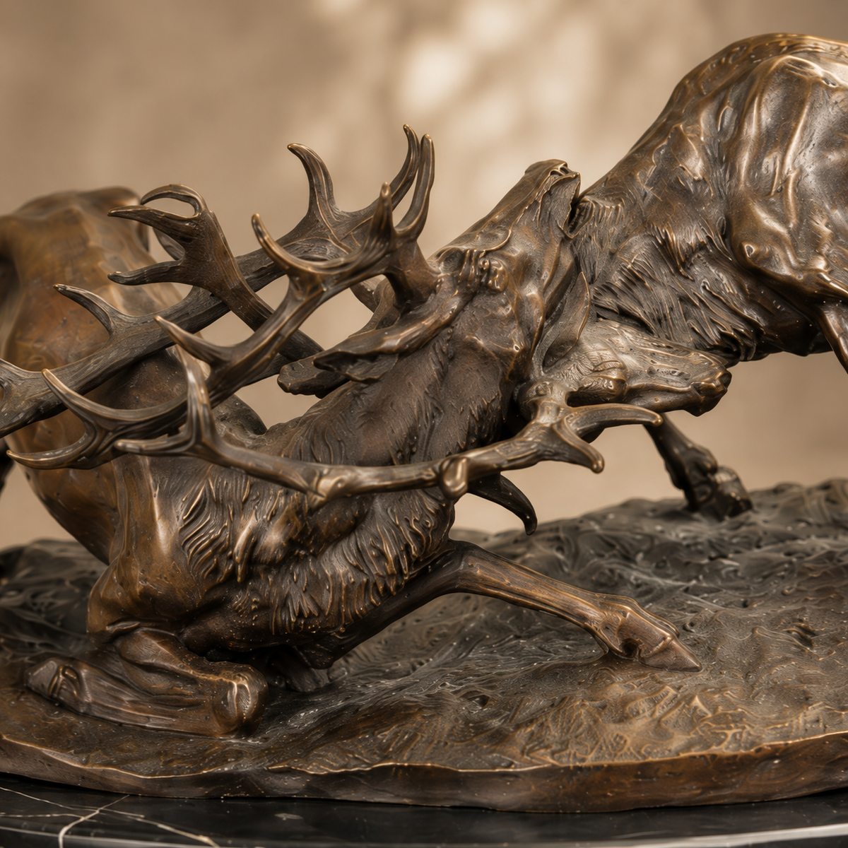 Sculpture bronze deux cerfs en combat sur socle marbre, vue 3