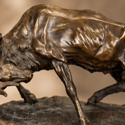 Sculpture bronze deux cerfs en combat sur socle marbre, vue 4
