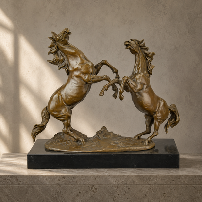 Sculpture bronze deux chevaux cabrés sur socle marbre noir