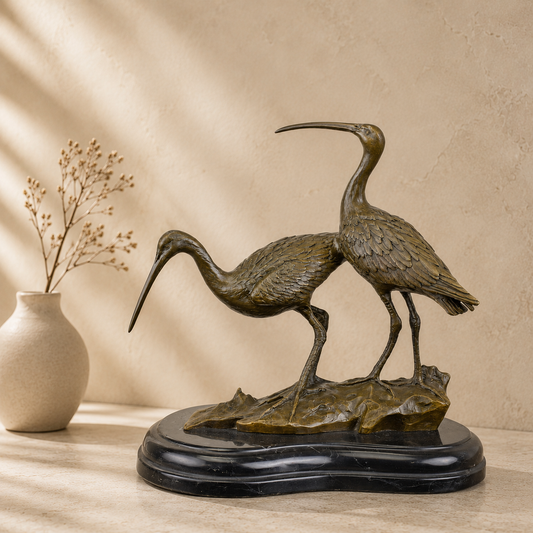 Sculpture bronze deux échassiers sur socle marbre noir