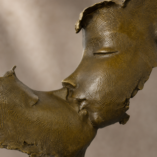 Sculpture bronze deux visages enlacés sur socle marbre, vue 2