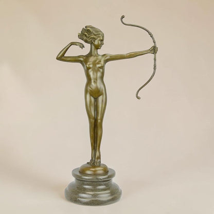 Sculpture bronze Diane chasseresse à l'arc sur socle marbre, vue 4