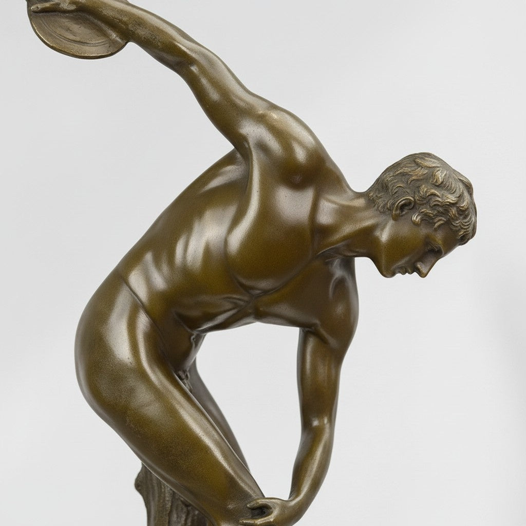 Sculpture en bronze Discobole de Myron sur socle marbre, vue 2