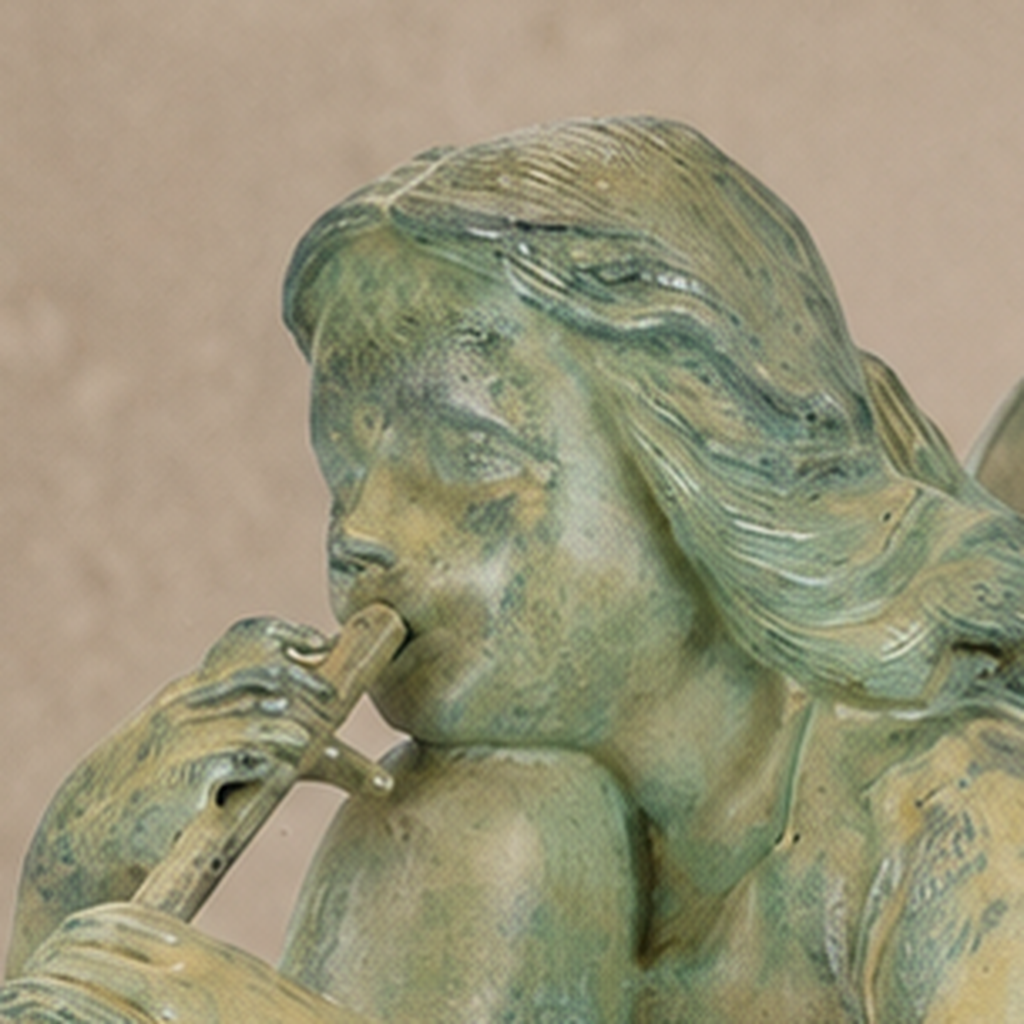 Sculpture bronze fée musicienne à la flûte, patine vert-de-gris, vue 2