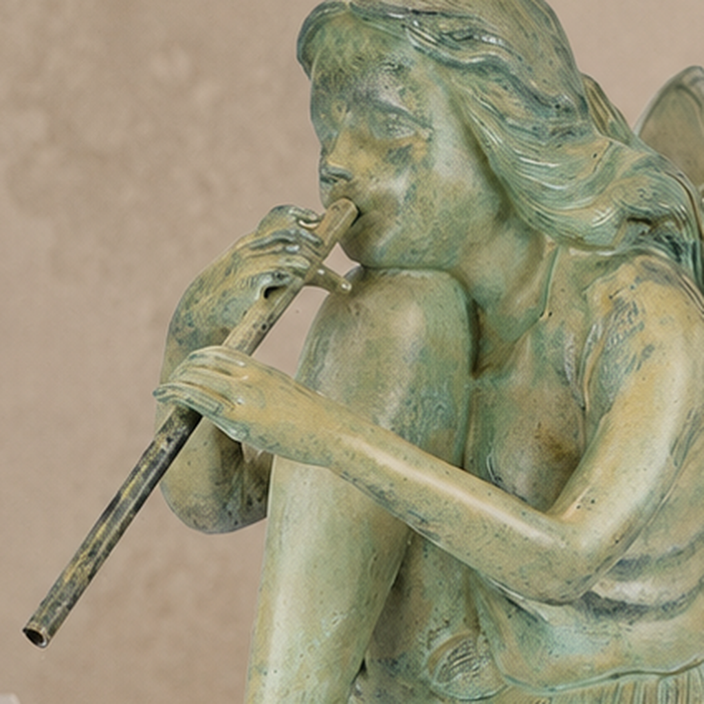 Sculpture bronze fée musicienne à la flûte, patine vert-de-gris, vue 3