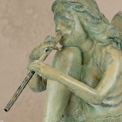 Sculpture bronze fée musicienne à la flûte, patine vert-de-gris, vue 3