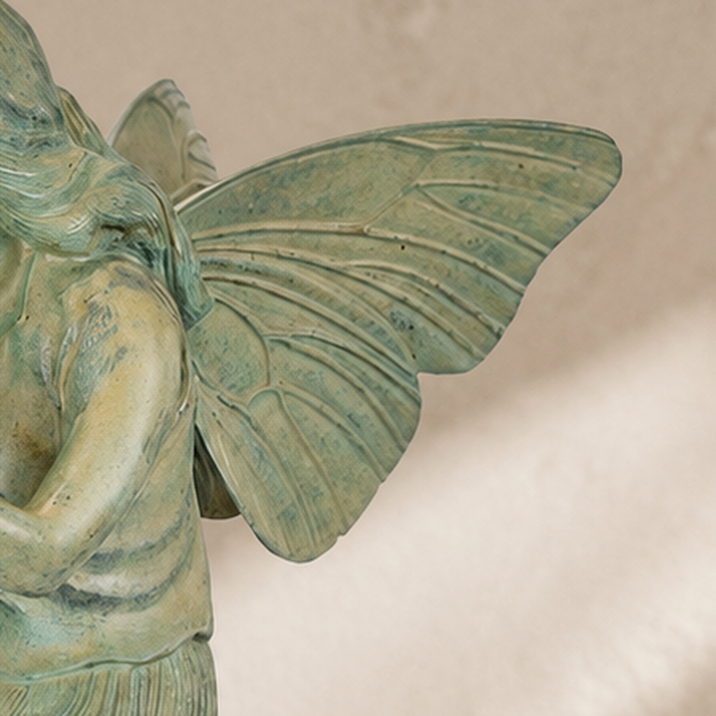 Sculpture bronze fée musicienne à la flûte, patine vert-de-gris, vue 4