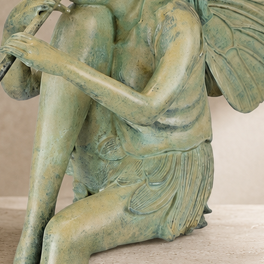 Sculpture bronze fée musicienne à la flûte, patine vert-de-gris, vue 5