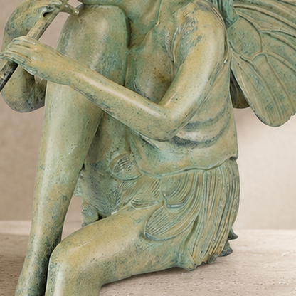 Sculpture bronze fée musicienne à la flûte, patine vert-de-gris, vue 5