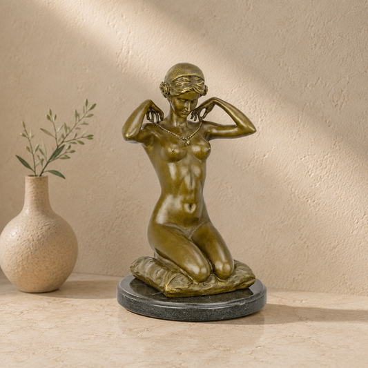 Sculpture bronze femme agenouillée attachant son collier