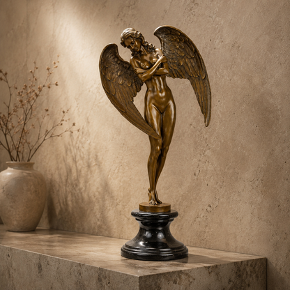 Sculpture bronze femme ailée nue sur socle marbre noir