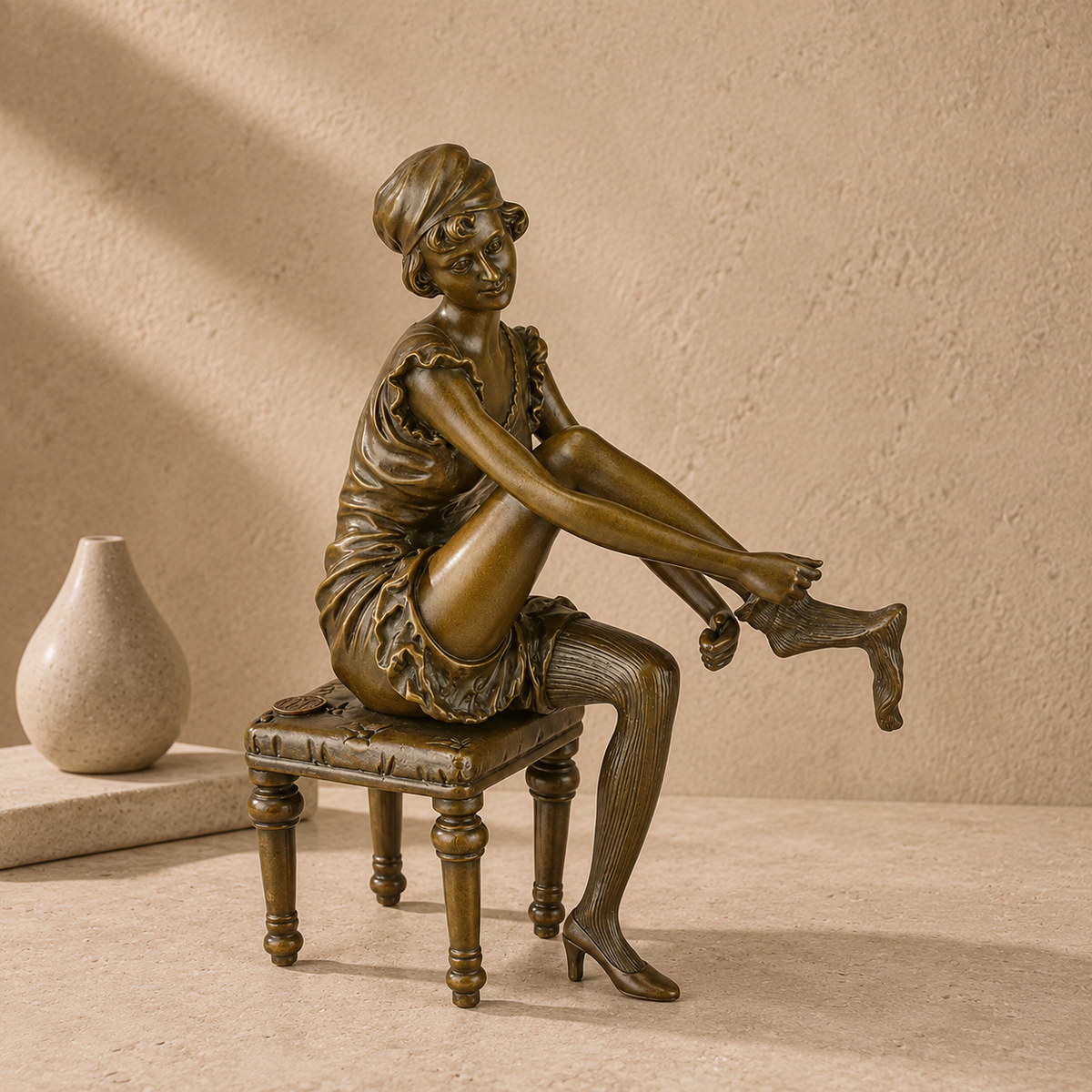Sculpture bronze femme assise ajustant ses bas