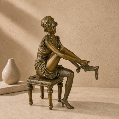 Sculpture bronze femme assise ajustant ses bas