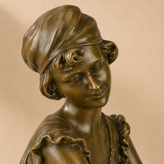 Sculpture bronze femme assise ajustant ses bas, vue 2