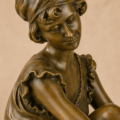 Sculpture bronze femme assise ajustant ses bas, vue 3