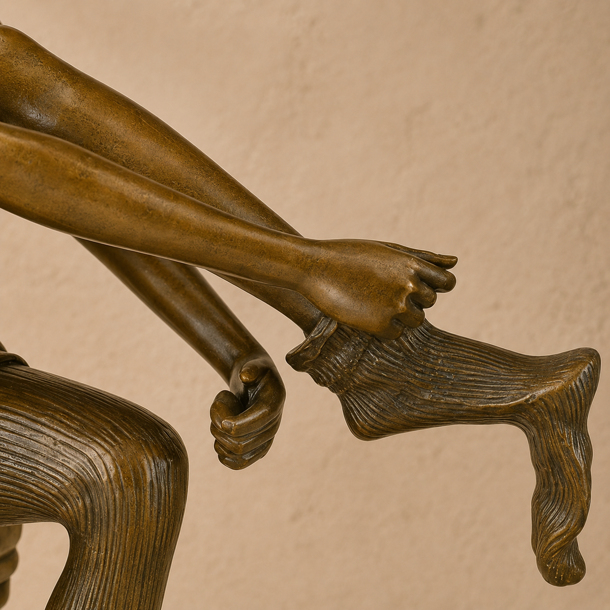 Sculpture bronze femme assise ajustant ses bas, vue 4