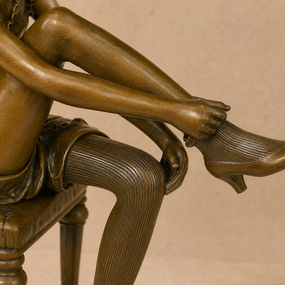 Sculpture bronze femme assise ajustant ses bas, vue 5