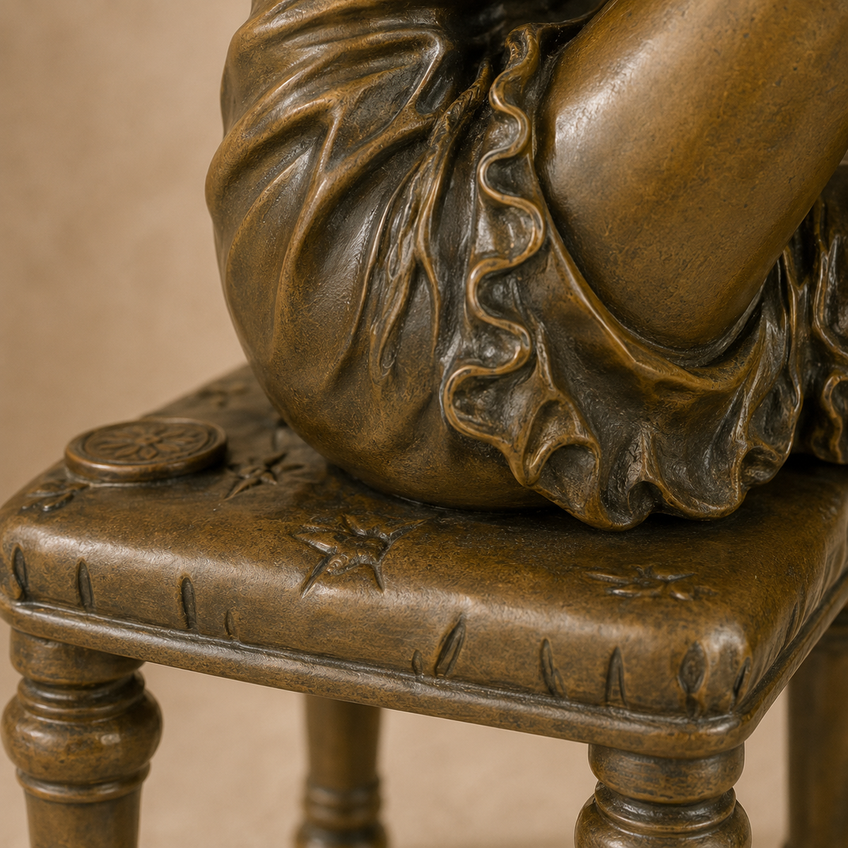 Sculpture bronze femme assise ajustant ses bas, vue 6