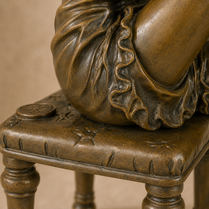 Sculpture bronze femme assise ajustant ses bas, vue 6