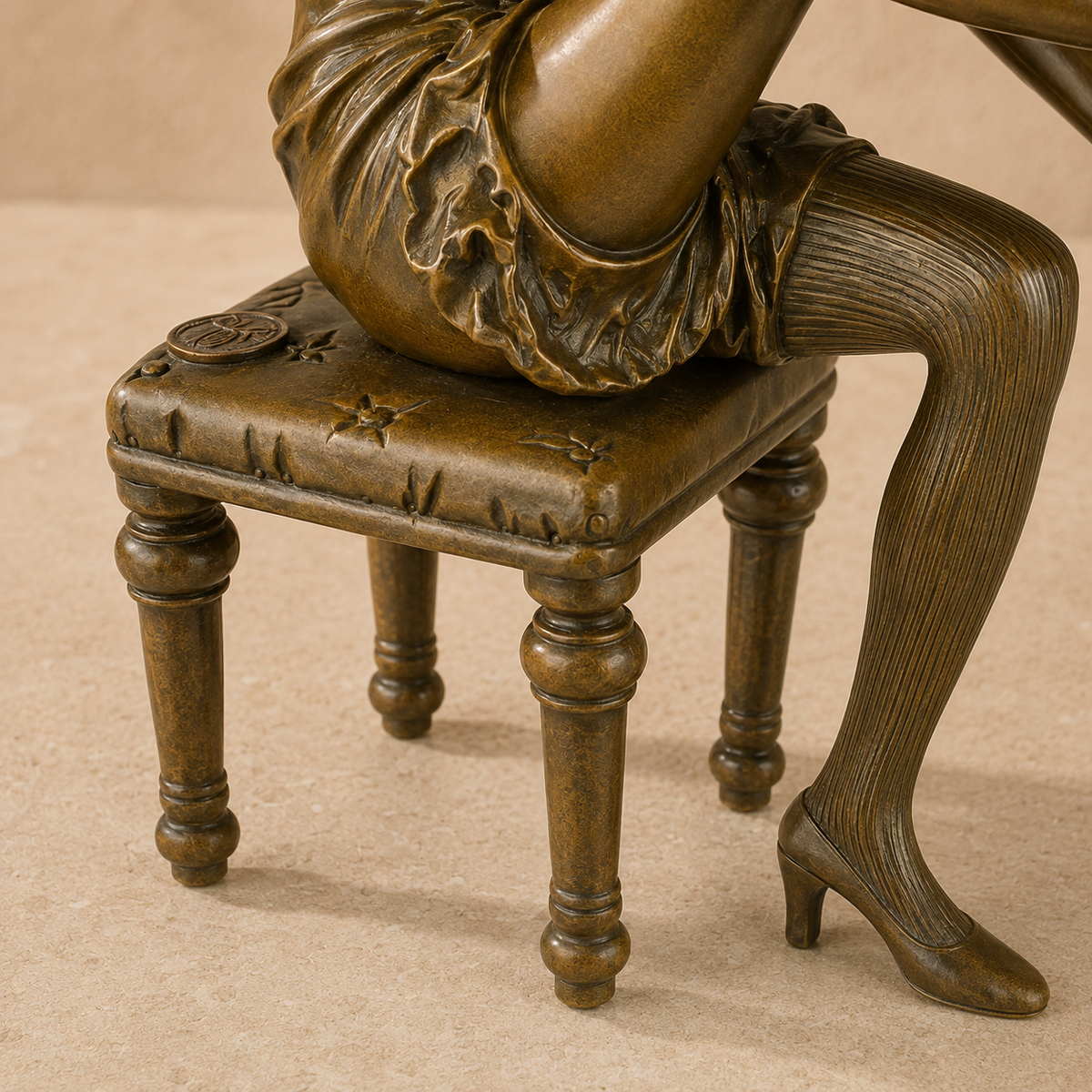 Sculpture bronze femme assise ajustant ses bas, vue 7