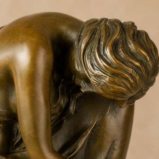 Sculpture bronze femme assise en méditation sur rocher, vue 2
