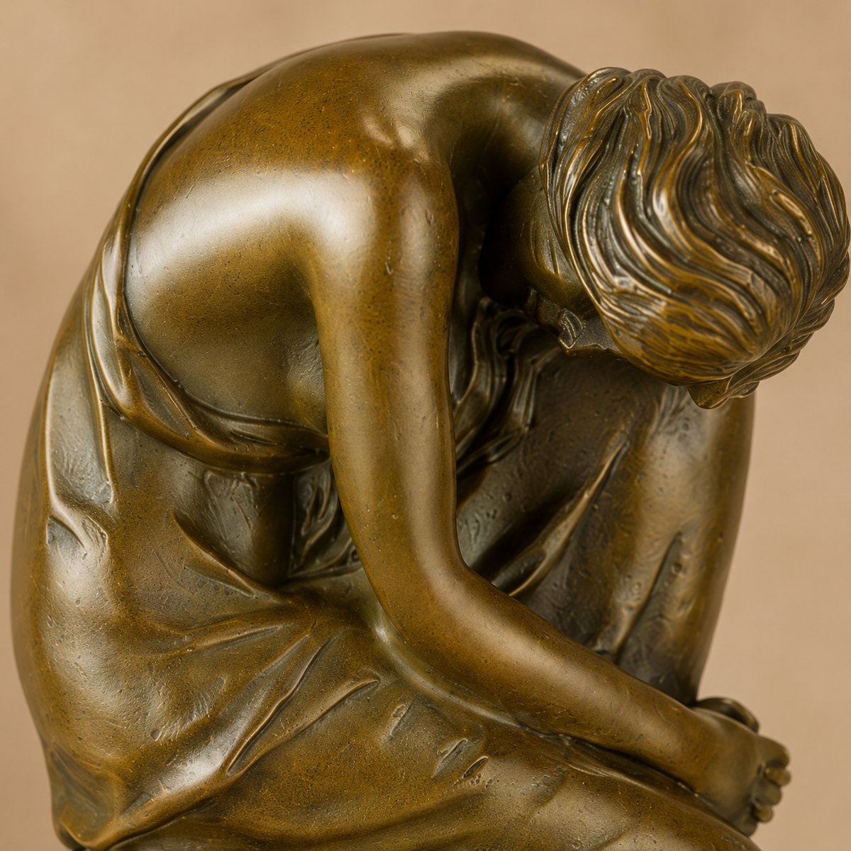 Sculpture bronze femme assise en méditation sur rocher, vue 3