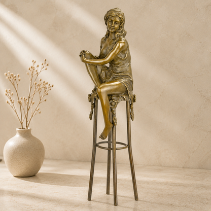 Sculpture bronze femme assise sur tabouret de bar Art Déco