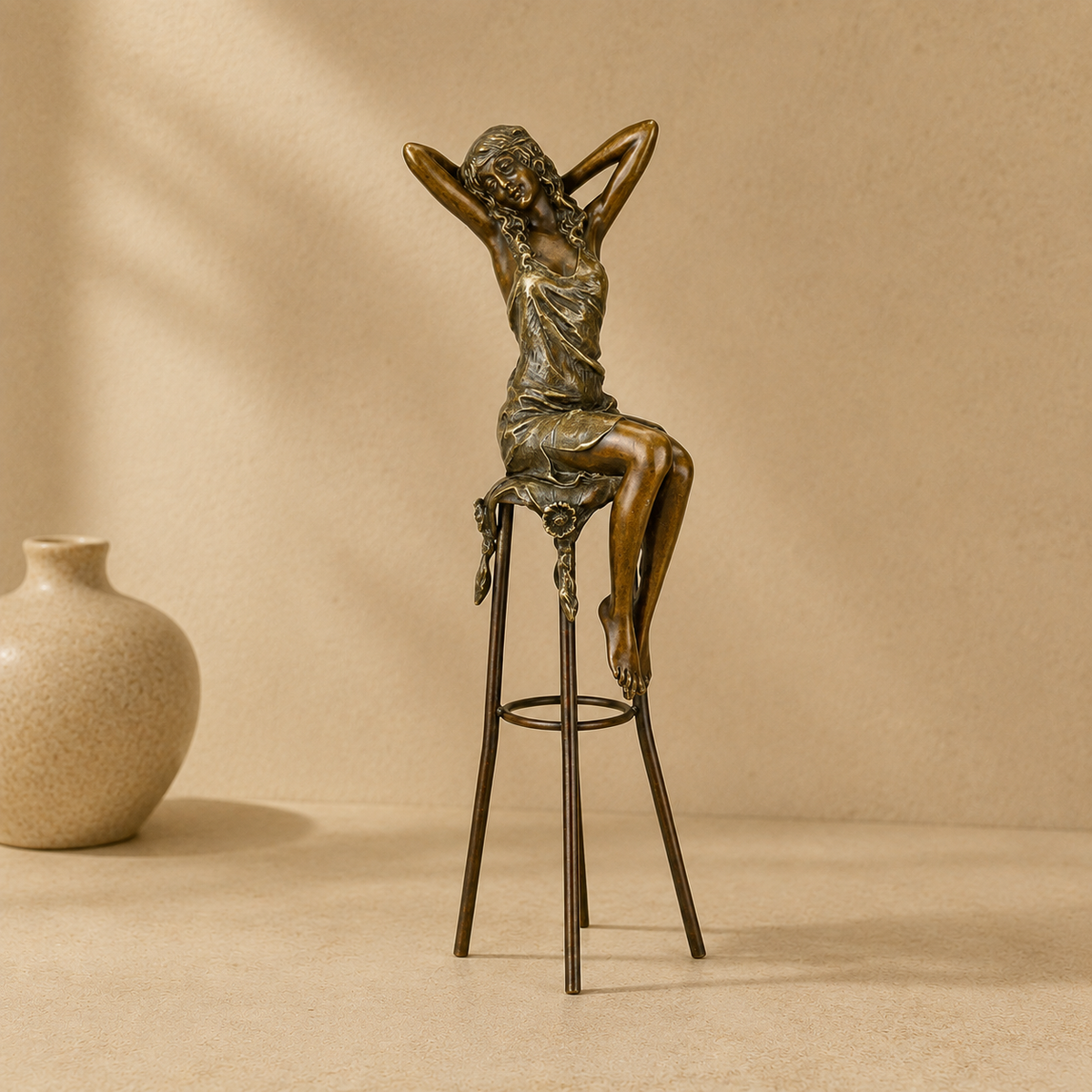 Sculpture bronze femme assise sur tabouret de bar Art Déco