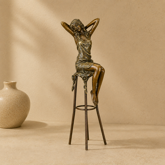 Sculpture bronze femme assise sur tabouret de bar Art Déco