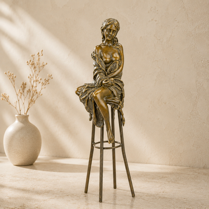 Sculpture bronze femme assise sur tabouret de bar