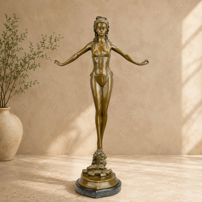 Sculpture bronze femme en bikini bras ouverts sur socle