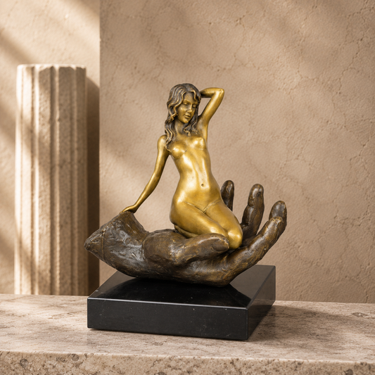 Sculpture bronze femme nue assise dans une main ouverte