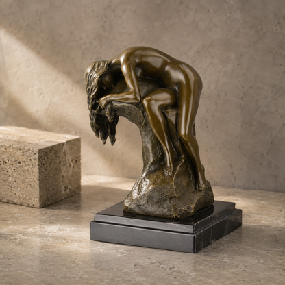 Sculpture bronze femme nue cambrée sur rocher