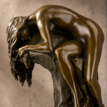 Sculpture bronze femme nue cambrée sur rocher, vue 4