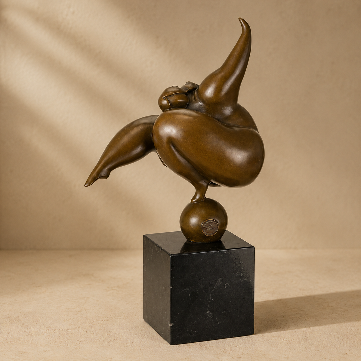 Sculpture bronze femme voluptueuse en équilibre sur socle marbre
