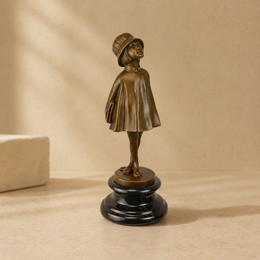 Sculpture bronze fillette à la cape et chapeau cloche