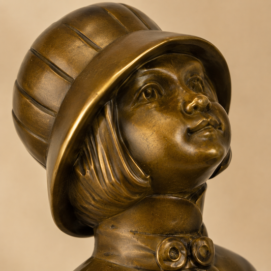 Sculpture bronze fillette à la cape et chapeau cloche, vue 2