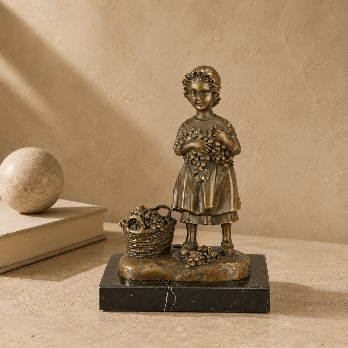Sculpture bronze fillette à la corbeille de raisins