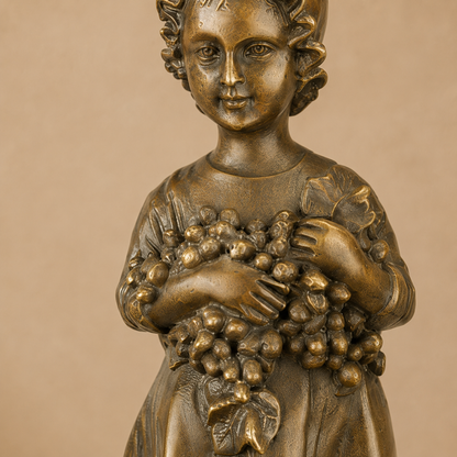 Sculpture bronze fillette à la corbeille de raisins, vue 3