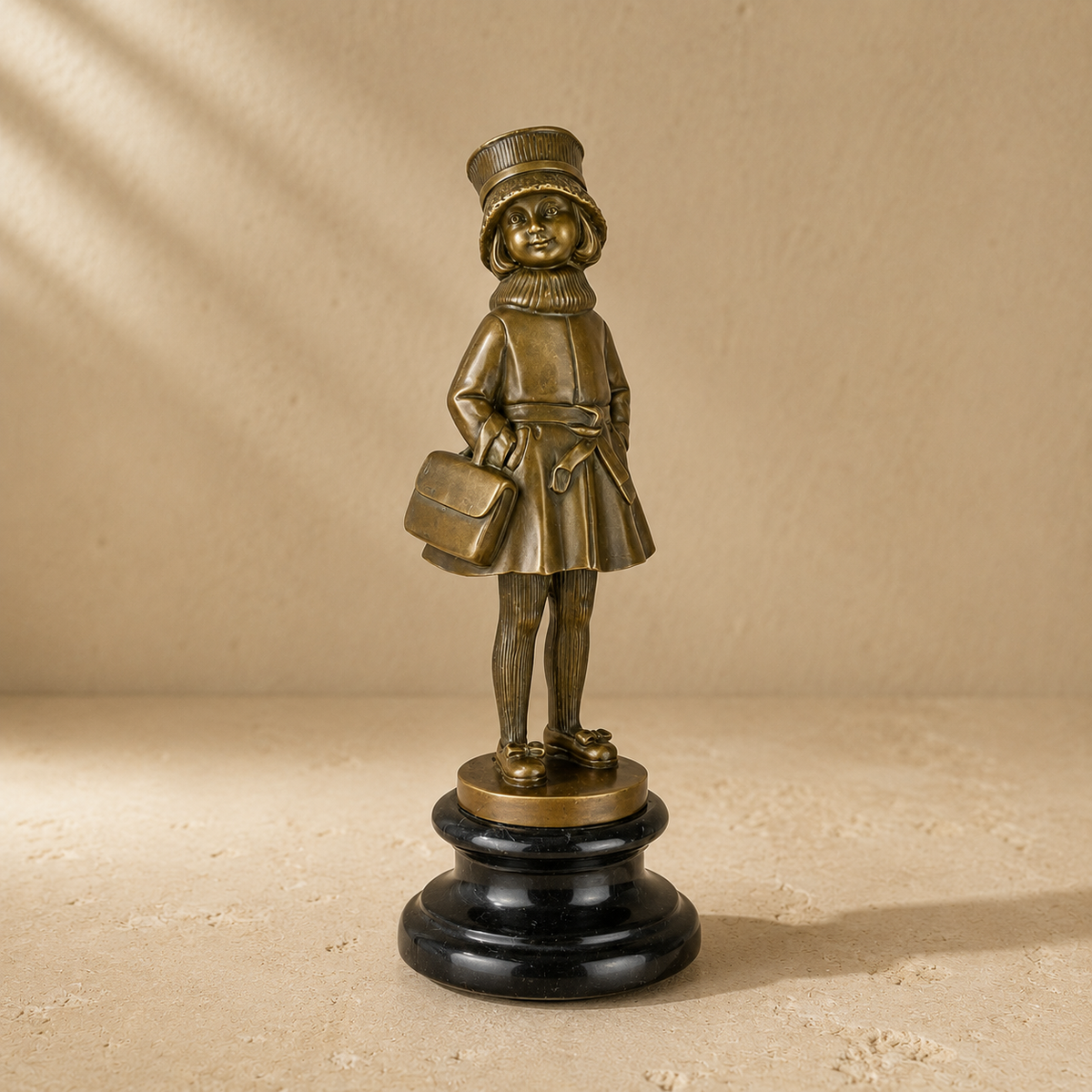 Sculpture bronze fillette à l'écolière sur socle marbre