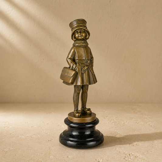 Sculpture bronze fillette à l'écolière sur socle marbre