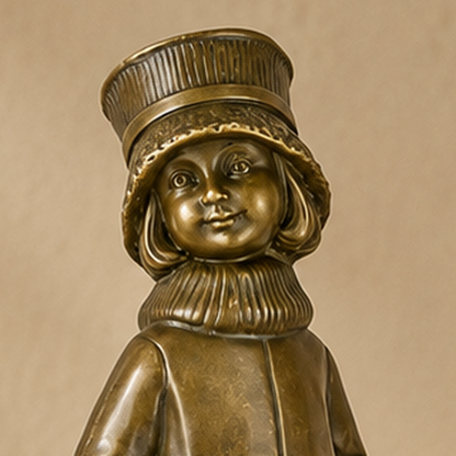 Sculpture bronze fillette à l'écolière sur socle marbre, vue 2