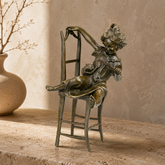 Sculpture bronze fillette au chat sur chaise haute