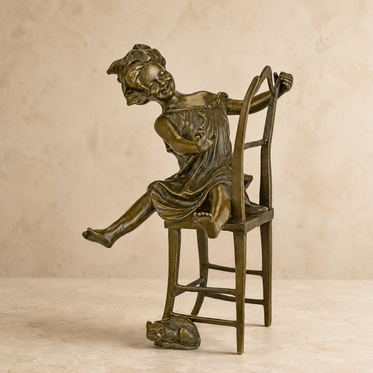 Sculpture bronze fillette sur chaise haute avec chat