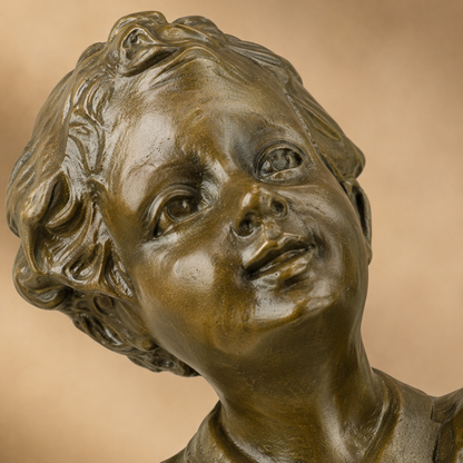 Sculpture bronze garçonnet à l'oiseau sur socle mouluré, vue 2