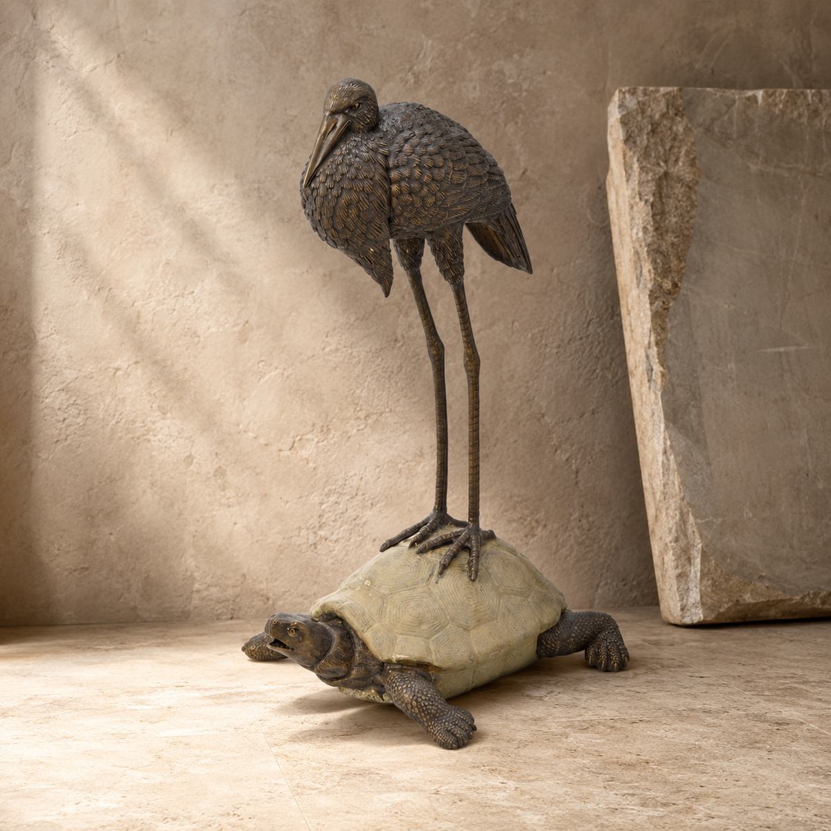 Sculpture bronze héron sur tortue, patine brune et verte